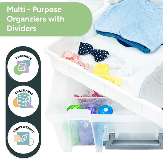 Best Kept Super Satchel Double Deep with Lift-Out Tray and Removable Dividers, Stackable Home Storage Organization Container, Clear with Sliver Latches and Handle