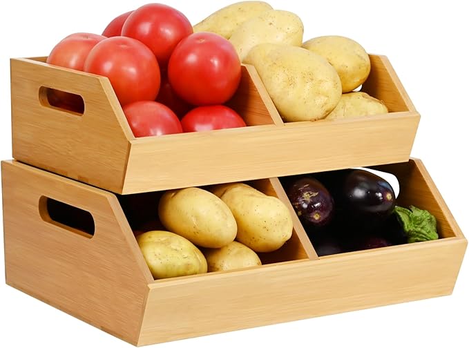 Ollieroo Bamboo Stackable Storage Bin, Pantry Organizer and Storage Baskets, Potato and Onion Kitchen Organizer, Kitchen Storage Containers for Produce, Fruit, Bread, Vegetable, Garlic, Pack of Two