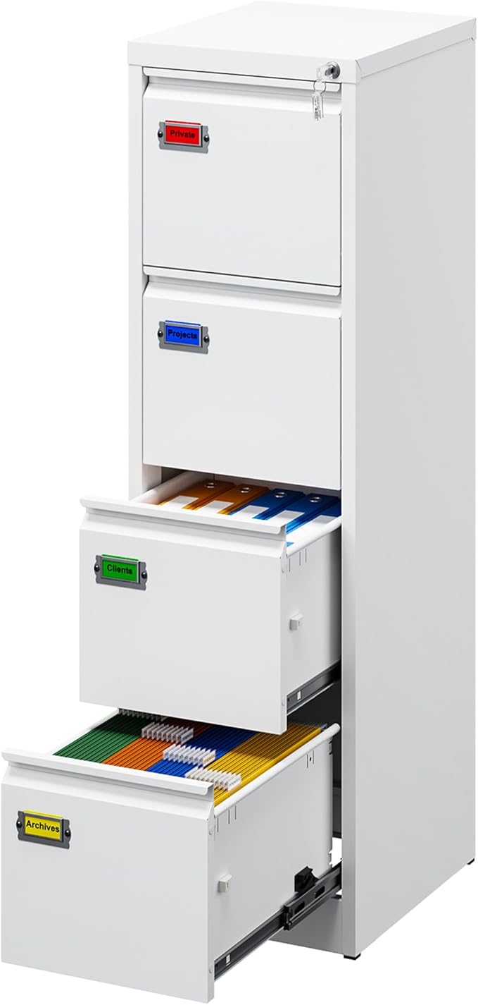 4-Drawer File Cabinet, 16.3" Deep Vertical Filing Cabinet with Lock, Metal File Cabinet for Home Office, Anti-Tip 4 Storage Drawers for Letter/Legal/A4/F4 Size (Assemble Required, White)