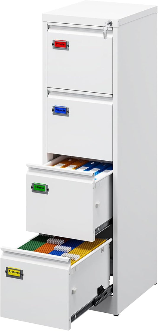 4-Drawer File Cabinet, 16.3" Deep Vertical Filing Cabinet with Lock, Metal File Cabinet for Home Office, Anti-Tip 4 Storage Drawers for Letter/Legal/A4/F4 Size (Assemble Required, White)