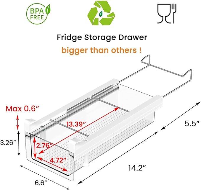 vacane Fridge Organizer Drawer, Clear Plastic Fridge Organizer Bins, Add on Refrigerator Drawer,Fridge Storage Container Under Shelf Holder for Fruit, Vegetable, Meat, Cheese, Easy to Install-M