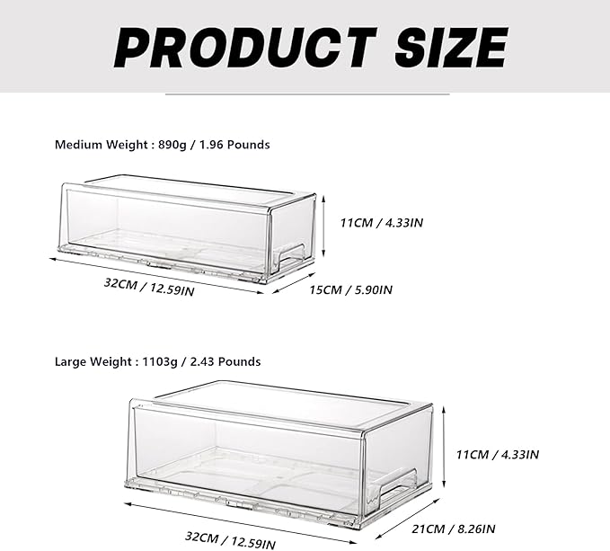 Stackable storage drawers, clear pull-out organizer with handles and non-slip pads for kitchen, refrigerator,office desktop, pantry and shelves, perfect for organization and storage (2 Pack, Medium)