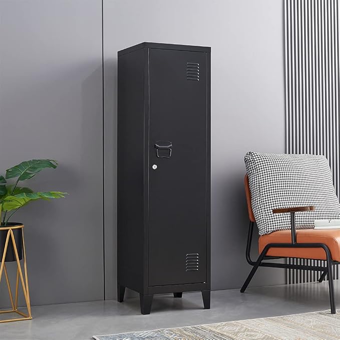 Metal Cabinet, 47" H Home Office Storage Lockers, Vertical Steel Storage Cabinet with Locking Door and 2 Adjustable Shelves, Small Metal Locker Cabinets (1 Door, Black)