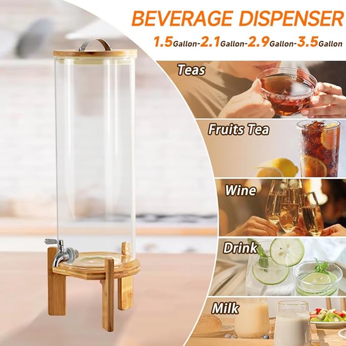 Beverage Dispenser, 3.5 Gallon Glass Drink Dispenser with Stand, Glass water dispenser with Spigot, Large Drink Dispensers for Parties,Bars,Restaurants, 13L
