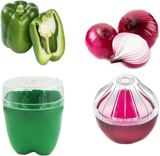 5 Pieces Fruit and Vegetable Shaped Savers Keepers Storage Containers for Fridge, Avocado Green Pepper Tomato Lemon and Onion Keeper/Saver/Holder, Refrigerator Vegetable Crisper