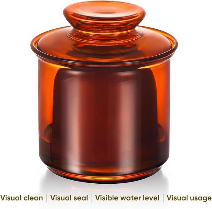 Butter Crock, Elegant Crystal Glass French Butter Dish for Fresh Spreadable Butter, Butter Keeper, Glass Butter Keeper to Leave On Counter,Amber