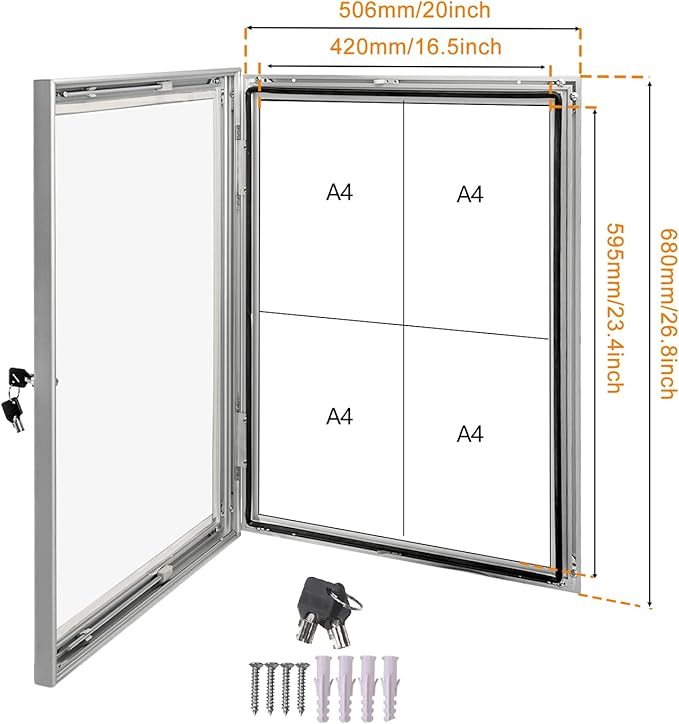 Locking Enclosed Bulletin Board Aluminum Cork Memo Board Wall Mount Noticeboard with Rubber Seal Tamperproof Single Door Display Case for Indoor Or Outdoor Use, 26.8×20 in