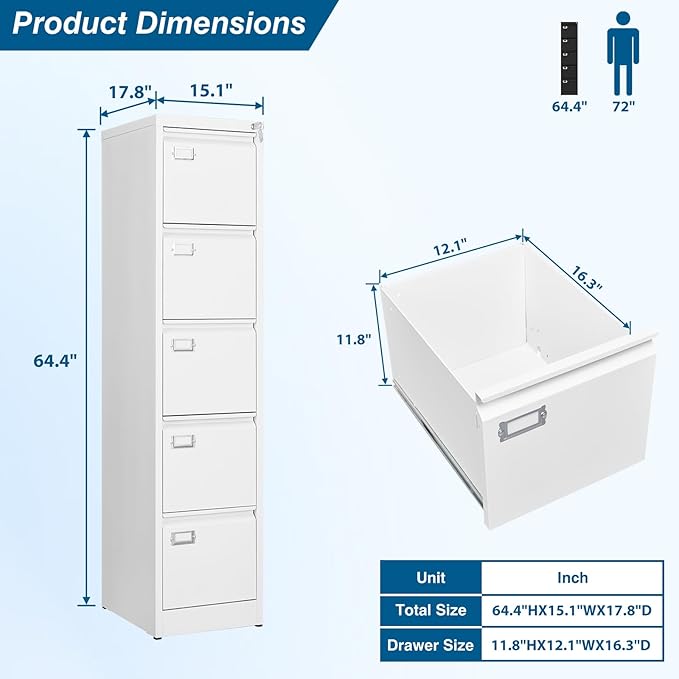 5-Drawer File Cabinet, 16.3" Deep Vertical Metal Filing Cabinet with Lock for Home Office, Anti-Tip 5 Storage Drawers for Letter/Legal/A4/F4 Size (Assemble Required, White)