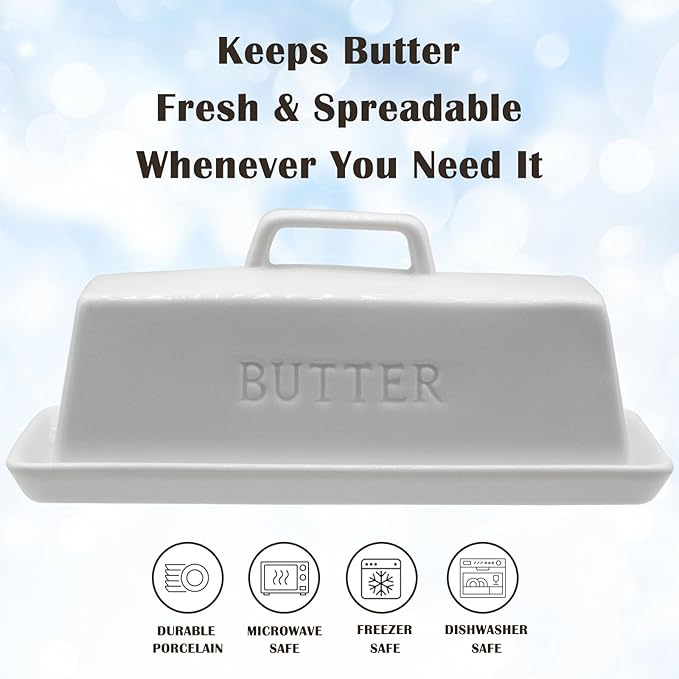 Ceramic Butter Dish With Lid for Countertop, Covered Butter Holder With Lid, White Butter Container, Butter Tray With Handle