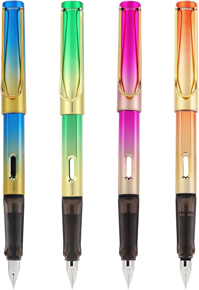 Ludato Disposable Color Fountain Pens for Writing-Pack of 4 - Blue,Green,Orange,Rose Pink
