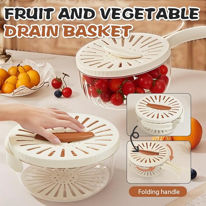 Multi-Functional Fruit and Vegetable Washing Bowl, Fruit Strainer Container with Lid, 2 In 1 Sealed Drainer Basket, Drainer and Freshness Basket, Kitchen Tool with Foldable Handle (Brown 2pcs)