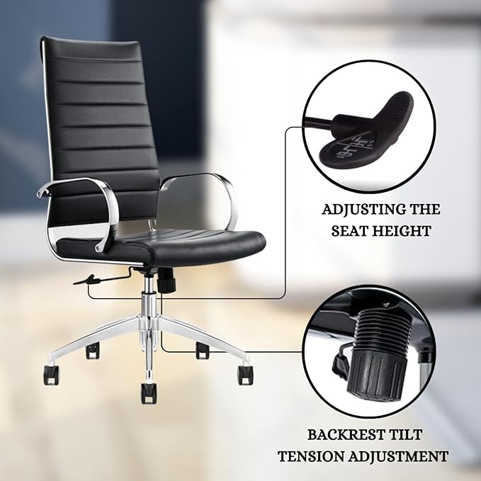 Ribbed High Back Conference Room Chairs - Lumbar Support, Modern Style Executive Chair for Home and Office - 360 Swivel Rolling Wheels - Aluminum Chrome Frame & Base - Black (Pack of 1)