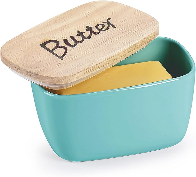 GDCZ Ceramics Butter Dish with Wooden Lid- Large Covered Butter Holder for Countertop, Butter Keeper Container Perfect for Holds 4X 4oz West/East Coast Butter,Turquoise