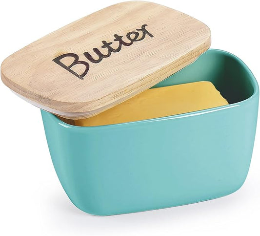 GDCZ Ceramics Butter Dish with Wooden Lid- Large Covered Butter Holder for Countertop, Butter Keeper Container Perfect for Holds 4X 4oz West/East Coast Butter,Turquoise