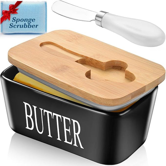 Butter Dish with Lid: Large Butter Container for Countertop - Ceramic Butter Holder for Counter - Butter Tray Butter Keeper with Knife and Sponge Scrubber - Perfect for 2 Sticks of Butter Black