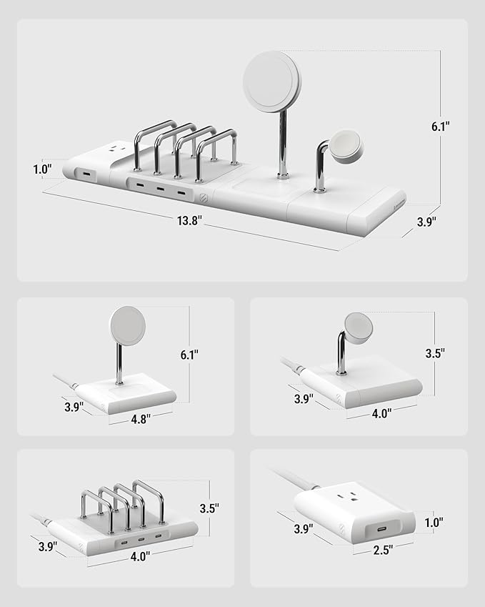 Scosche BaseLynx 2.0 Pro Modular Charging Station: MagSafe Wireless Stand for iPhone, AirPods Charging Pad, Multi Device Phone Charger, Apple Watch Charger & Powered End Cap AC Outlet with USB-C Port