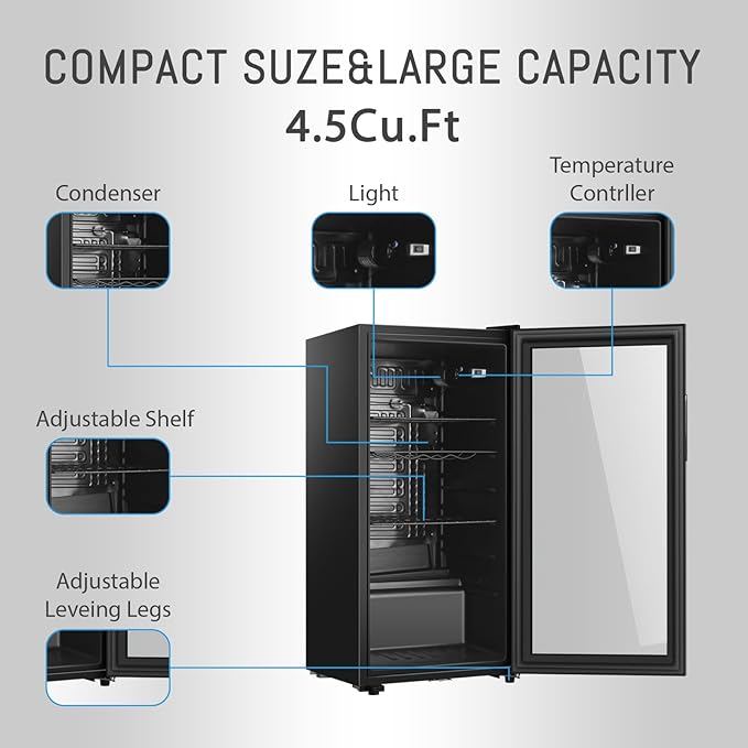 LANG Beverage Refrigerator, 4.5 Cu.Ft, Mini Fridge with Glass Door for Soda Beer, Freestanding Beverage Cooler for Office, Bar, Adjustable Shelving&Adjustable Foot