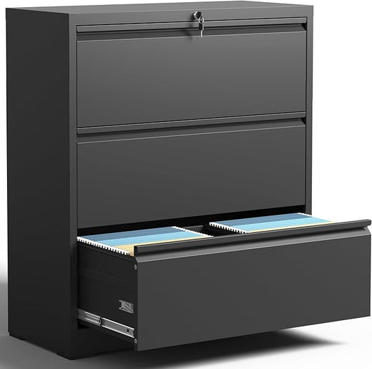3 Drawer Lateral File Cabinet with Lock, Metal Filing Cabinets for Home Office, Steel Storage Wide File Cabinet for Letter/Legal/F4/A4 Size with Hanging Bars, Assembly Required (Black)