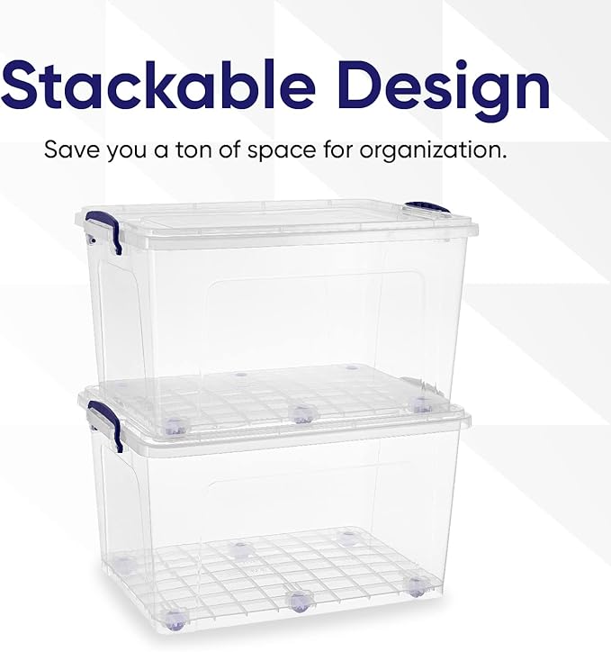 Superio Storage Bins with Lids- Clear Boxes for Organizing, Stackable Plastic Containers- BPA Free, Non-Toxic, Odor Free, Organizer for Home, Office, Dorm (6 Pack, 44 Qt (Wheeled))