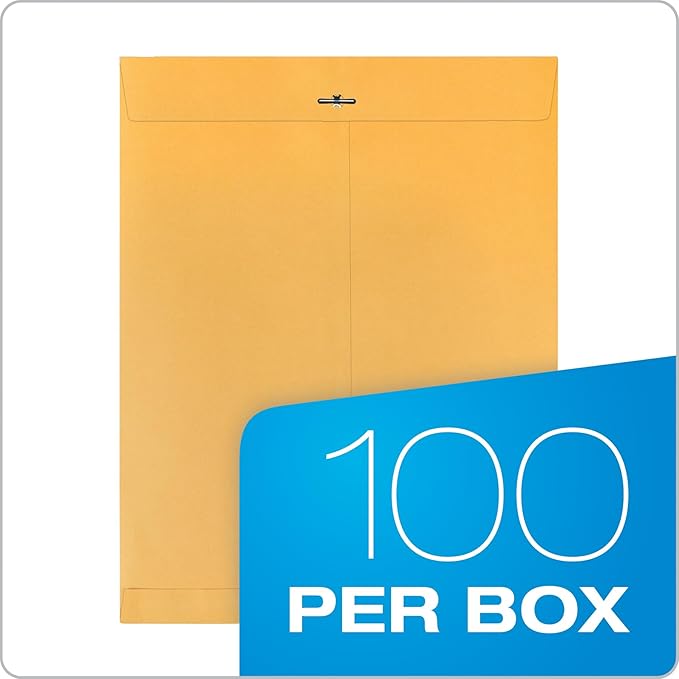 Quality Park 12 x 15-1/2 Clasp Envelopes, Clasp and Gummed Closures, for Oversized Papers, Drawings or Posters, 32 lb Kraft Paper, 100/Box (QUA37810)