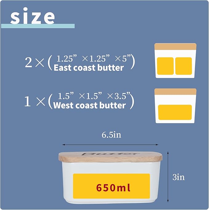 GDCZ Ceramics Butter Dish with Wooden Lid- Large Covered Butter Holder for Countertop, Butter Keeper Container Perfect for Holds 2X 4oz West/East Coast Butter, White