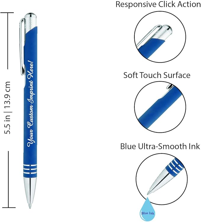 ExpressDesigns™ - Blue Ink Personalized Pens Rubberized - The Cameron - Custom Printed Name Pens - Imprinted with Logo or Message - Includes Personalization - 6 Pack (Blue)