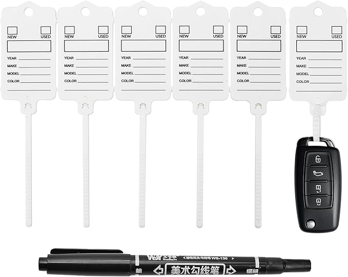 100 Car Key Tags with Labels Plastic Car Dealership Key Tags Self Locking Automotive Identifiers Blank Shop Labels with One Pen (White)