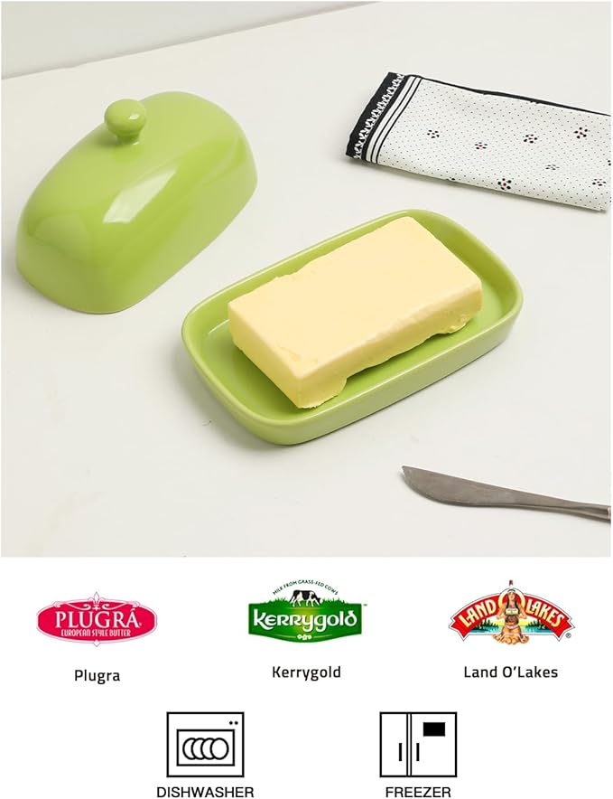 Sweejar Ceramic Butter Dish with Lid for Countertop,Porcelain Butter Keeper with Knob Handle,Butter Container for East/West Coast Butter, 7.1*3.7 inches (Green)