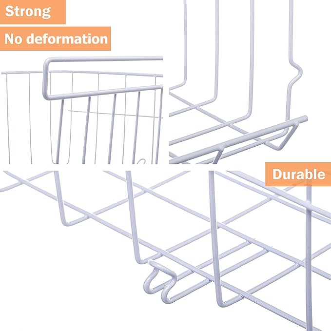 Under Shelf Storage Basket, 2-Pack Under Shelf Hanging Metal Wire Storage Basket Organizer for Kitchen, Office, Pantry, Bathroom, Cabinet, White