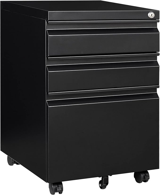 3 Drawer File Cabinet with Lock,Under Desk File Cabinet with Wheels,Black Rolling Filing Cabinets,Three Drawer Metal Filing Cabinet for Home Office,Fit A4/Letter/Legal File,- Assembly Required