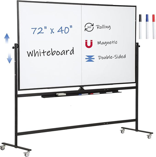FORTUNO Large Magnetic Mobile Whiteboard 72"x40", Rolling Double Sided Stand Whiteboard on Wheels, Reversible Adjustable Height/Angle Dry Erase Board Easel White Board for Office Classroom, Black