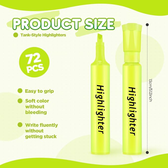 Qilery 72 Pack Highlighters Bulk, Tank Style Chisel Tip Highlighters Markers Quick Drying for Kids and Adult Coloring, Classroom Home Office School Supplies (Yellow)