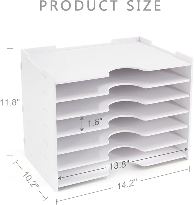 SONGWAY File Organizer for Desk - 7 Tier Wide Document Holder, Letter Mail Tray Storage Rack, A4 Paper Storage Holder, Desktop Organizer for Home Office School, White