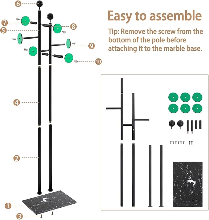 Free Standing Coat Rack with Marble Base & 8 Hooks Heavy Duty Clothes Rack for Entryway Bedroom Living Room Hotel 14.96 x 10.24 x 68.9 Inches (Black)