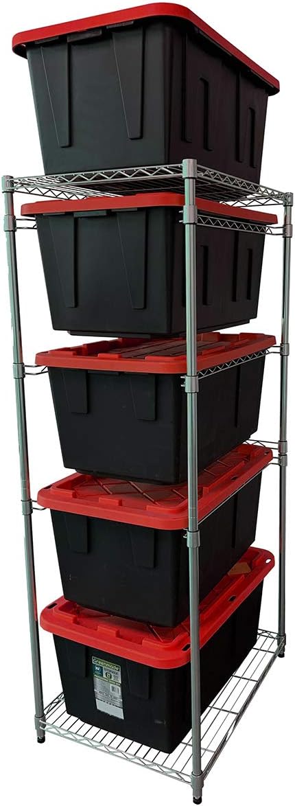MonsterRAX WS-BR27-Z5 Bin Rack with 5-Pack 27 Gallon Storage Totes, Stackable & Lockable, Red Lid/Black Bin