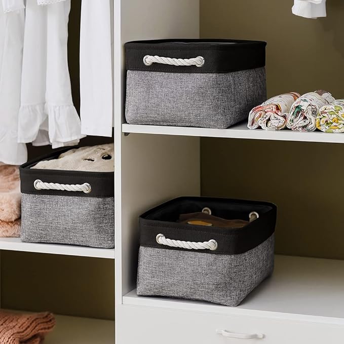 TheWarmHome Storage Basket for Organizing - 14x10x7 inch Medium 3 Pack Collapsible Storage Bin for Shelves with Rope, Fabric Storage Cubes for Organizer Cloth Gift Toy Closet (Black & Grey)