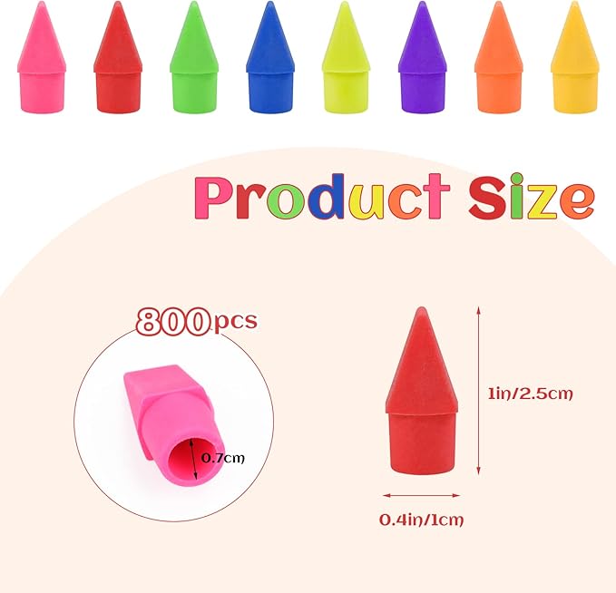 800PCS Caps Pencil Erasers Chisel Shape Pencil Eraser Arrowhead Caps Erasers Latex Free Pencil Pencil Eraser Toppers Assorted Colors for Favors Games Prizes Pencil Top Erasers Home School Office