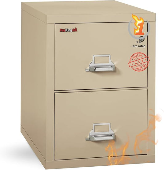 FireKing Vertical 2 Drawer Letter Fire Safe File Cabinet with Key Lock, 1 Hour Fire Rated, UL Rated & Water Resistant Home Safe, Made in The USA, Parchment