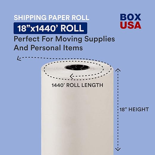 BOX USA Packing Paper Roll 1440'L x 18"W - 1,000 Sheets 17” Long Equivalent - Large White Newsprint for Shipping, Packaging, Storage and Moving Supplies