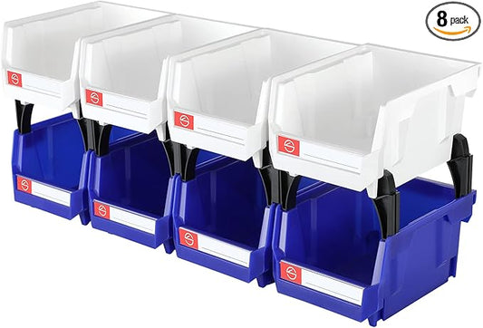 Pe&Hui Storage Organizer Bins,Wall Mount Storage Parts Rack,Stackable Shop Tool Bins for store Screws,Small Parts,Office Supplies and other Accessories (8Pack Blue&White) …