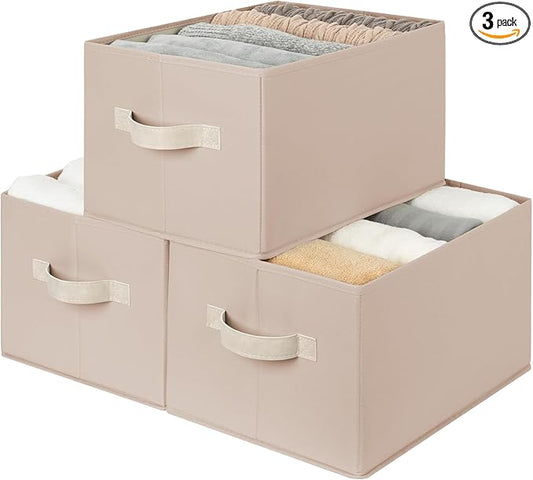 StorageWorks Storage Baskets for Shelves, Foldable Fabric Closet Storage Bins with Handles, Fabric Storage Bins Clothes Organizer, Light Brown, 3-Pack, Large