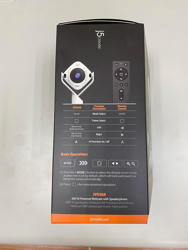 j5create 360 All Around AI-Powered Conference Room Camera with Speakerphone, Smart-Tracking, Auto-Framing, Include a Remote Control (JVU368)