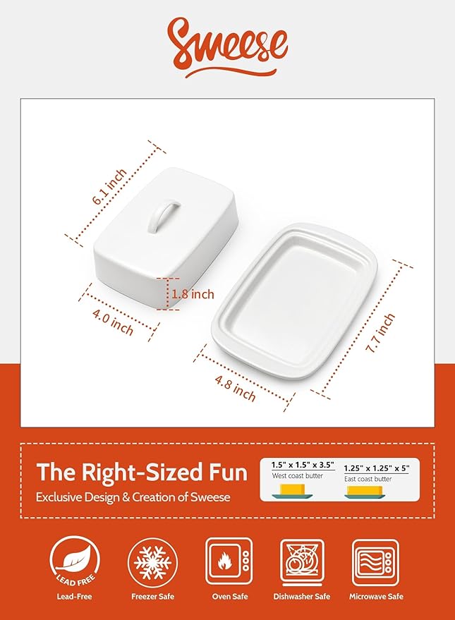 Sweese Large Butter Dish with Lid for Countertop, Porcelain 8oz Butter Keeper with Handle Cover Design, 7.7 Inch Butter Container Perfect for East/West Coast Butter, White