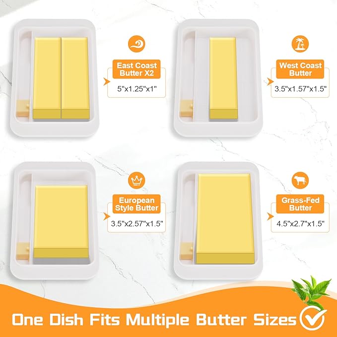 White Airtight Butter Dish with Lid for Countertop, Stylish Container with Cutter Knife, Large Capacity Stick Holder for East/West Coast Butter, Keeper&Tray Fit Refrigerator or Camping Use
