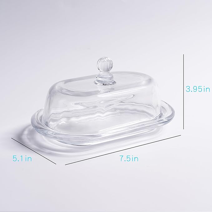 7.5" Large Glass Butter Dish with Cover, Clear Crystal Glass Butter Holder Tray with Lid for Countertop Fridge