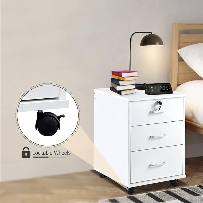 File Cabinet with Lock 3 Drawer Mobile Filing Cabinet with 360° Swivel Wheels, Under Desk Storage Cabinet Wooden File Organizer for Legal/Letter/A4 Documents, Home Office Storage (White)