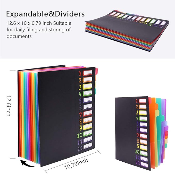 Rainbow Tab Expanding File Folder - 24 Pockets, Durable A4 Letter Size Organizer, Water-Resistant Plastic Dividers, Home/Office/School Document Holder (Black)