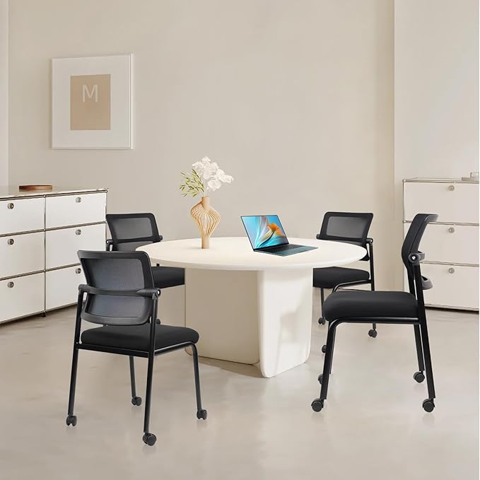 CLATINA Stacking Armless Office Waiting Room Chair with Wheels, Stackable Mesh Guest Reception Desk Chairs with Adjustable Backrest for Conference Lobby Side School, Black, 4 Pack