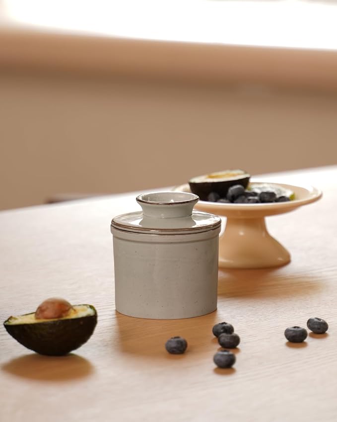 French Butter Dish, Butter Crock for Counter with Water Line, Ceramic Butter Keeper for Spreadable Butter - Chrismas Gift Home Kitchen Decor - Reactive Glaze Collection - Grey
