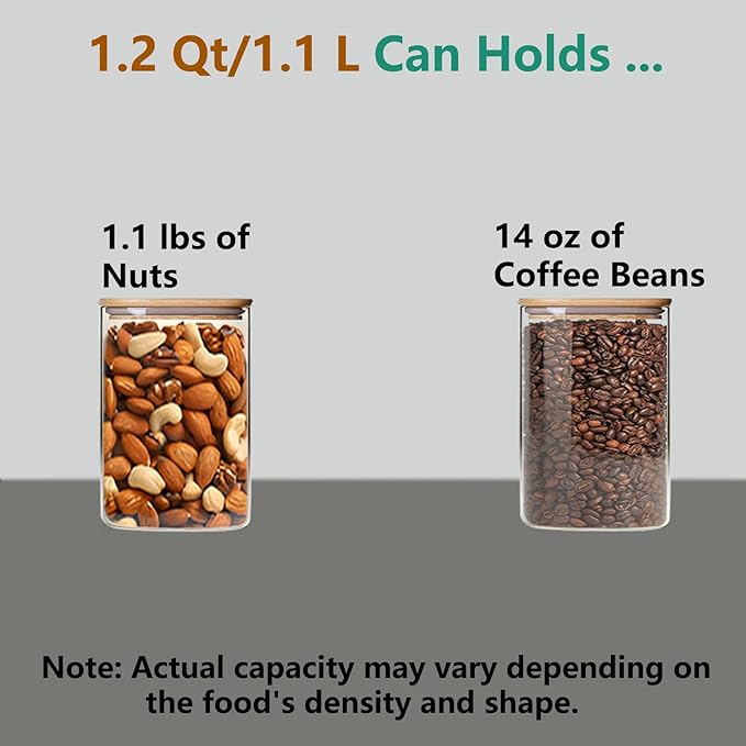 1.2 Qt Square Glass Storage Containers with Lids, glass jar with airtight lid, Glass Canister for Pantry Cookie Cereal Rice Sugar Tea Coffee Beans Spice, Square Set of 4